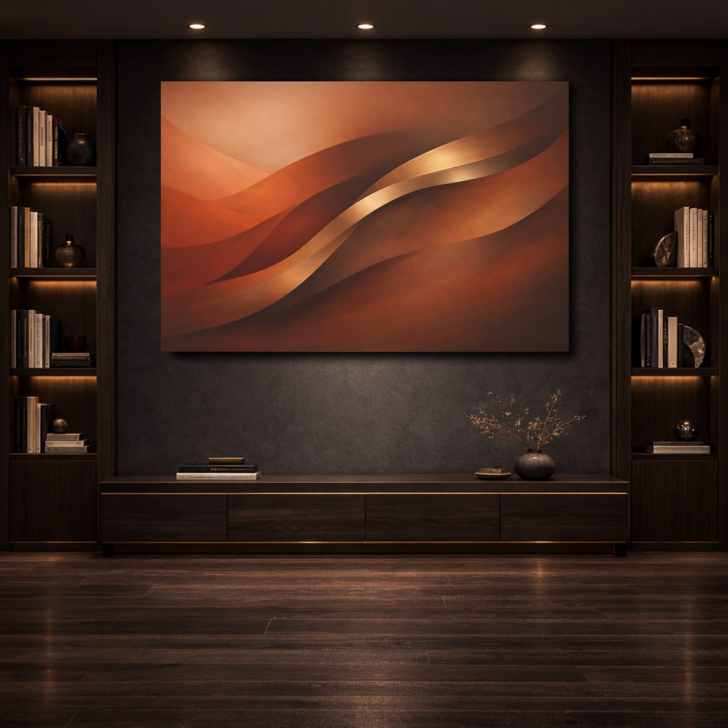 Mockup 3. Abstract Abstract Waves Bronze Terracotta shown as stretched canvas wall art