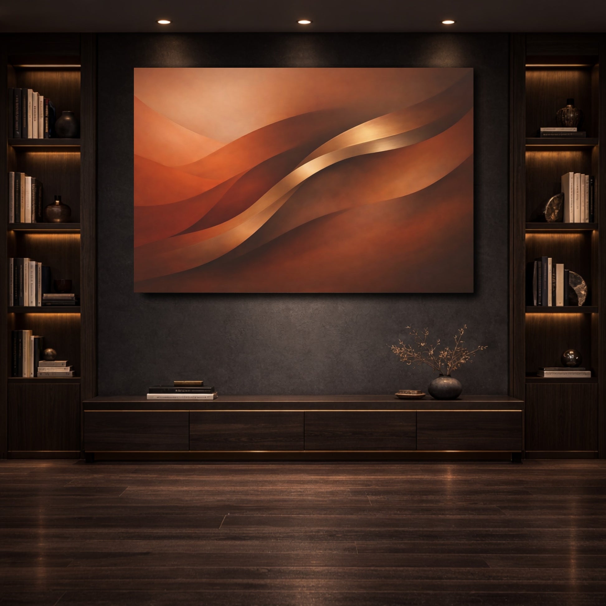 Mockup 3. Abstract Abstract Waves Bronze Terracotta shown as stretched canvas wall art
