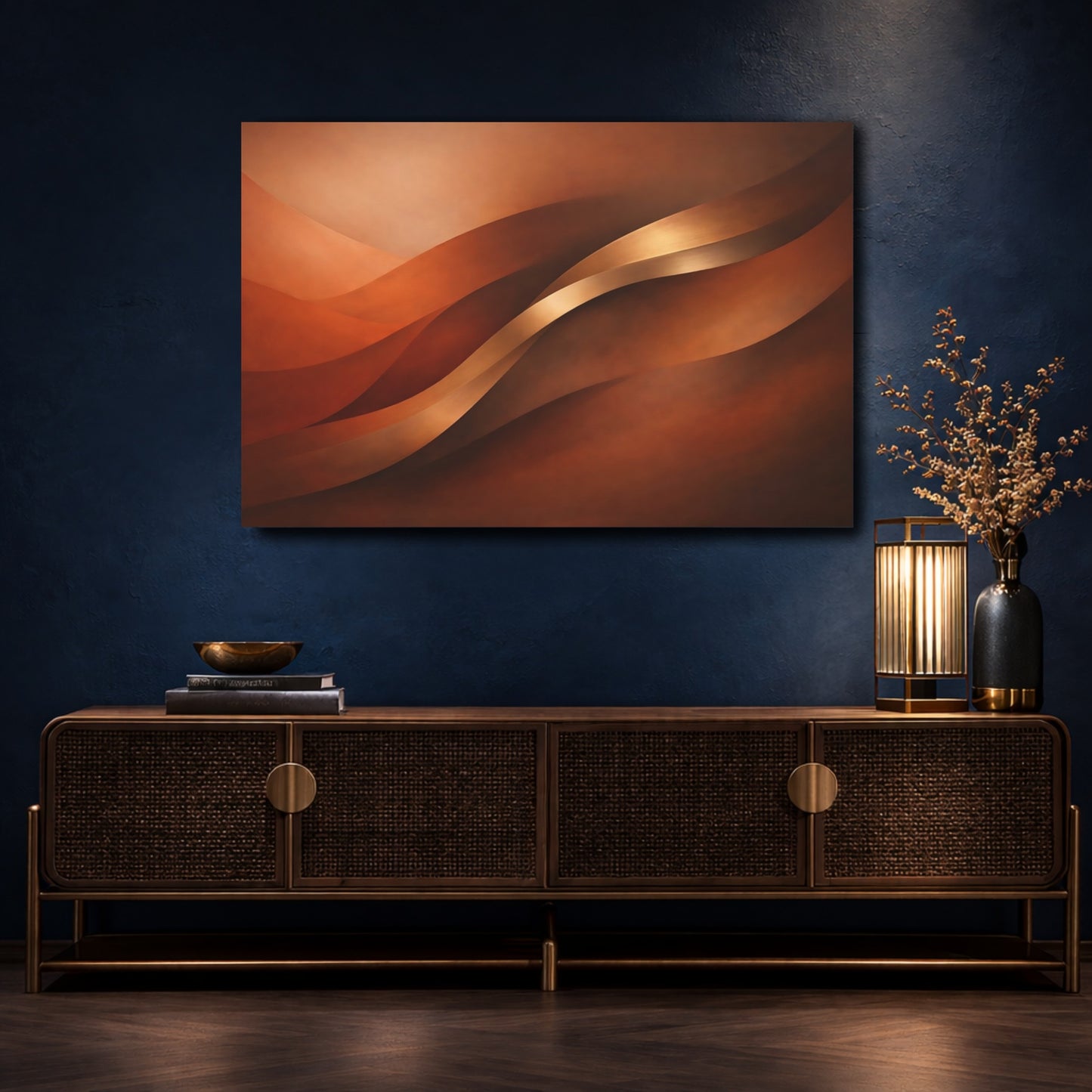 Mockup 4. Abstract Abstract Waves Bronze Terracotta shown as stretched canvas wall art
