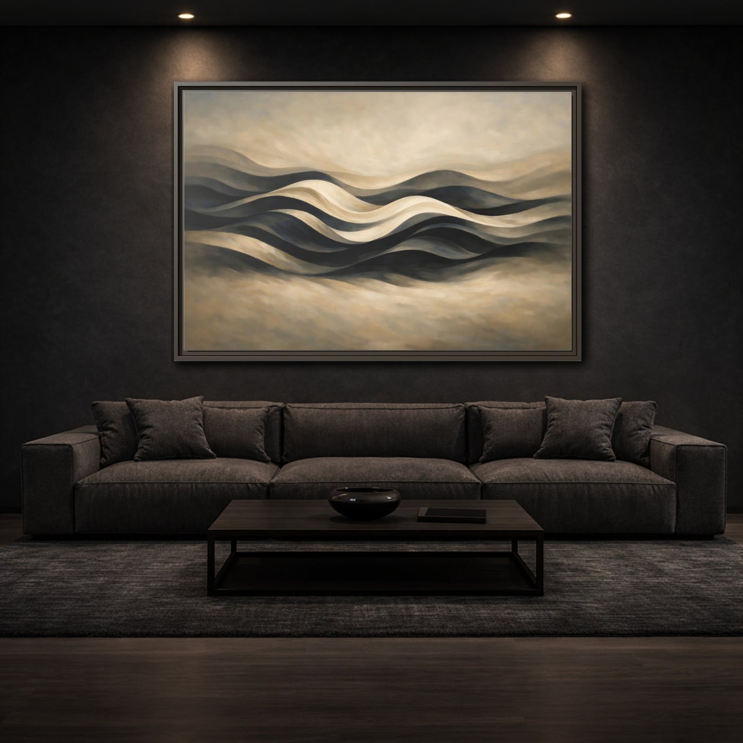 Mockup 2. Abstract Abstract Waves Brown And Beige Waves shown as stretched canvas wall art