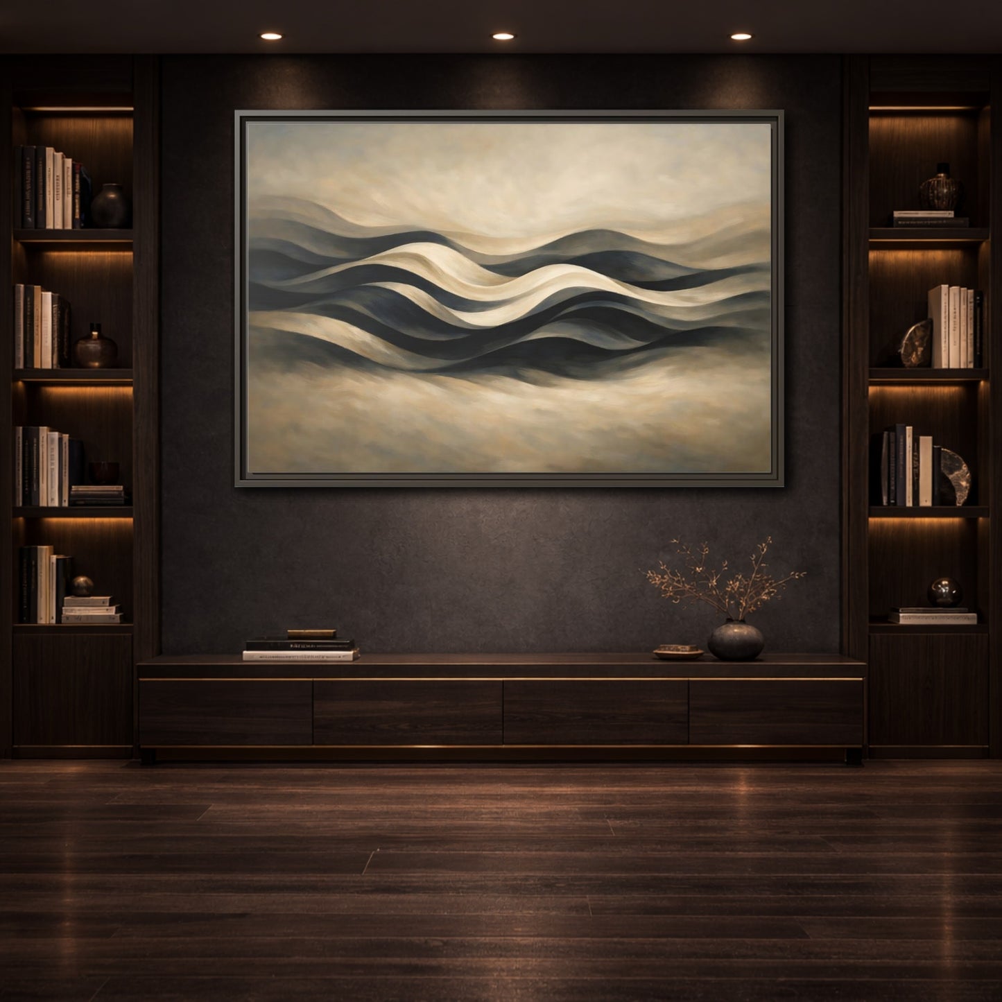 Mockup 3. Abstract Abstract Waves Brown And Beige Waves shown as stretched canvas wall art