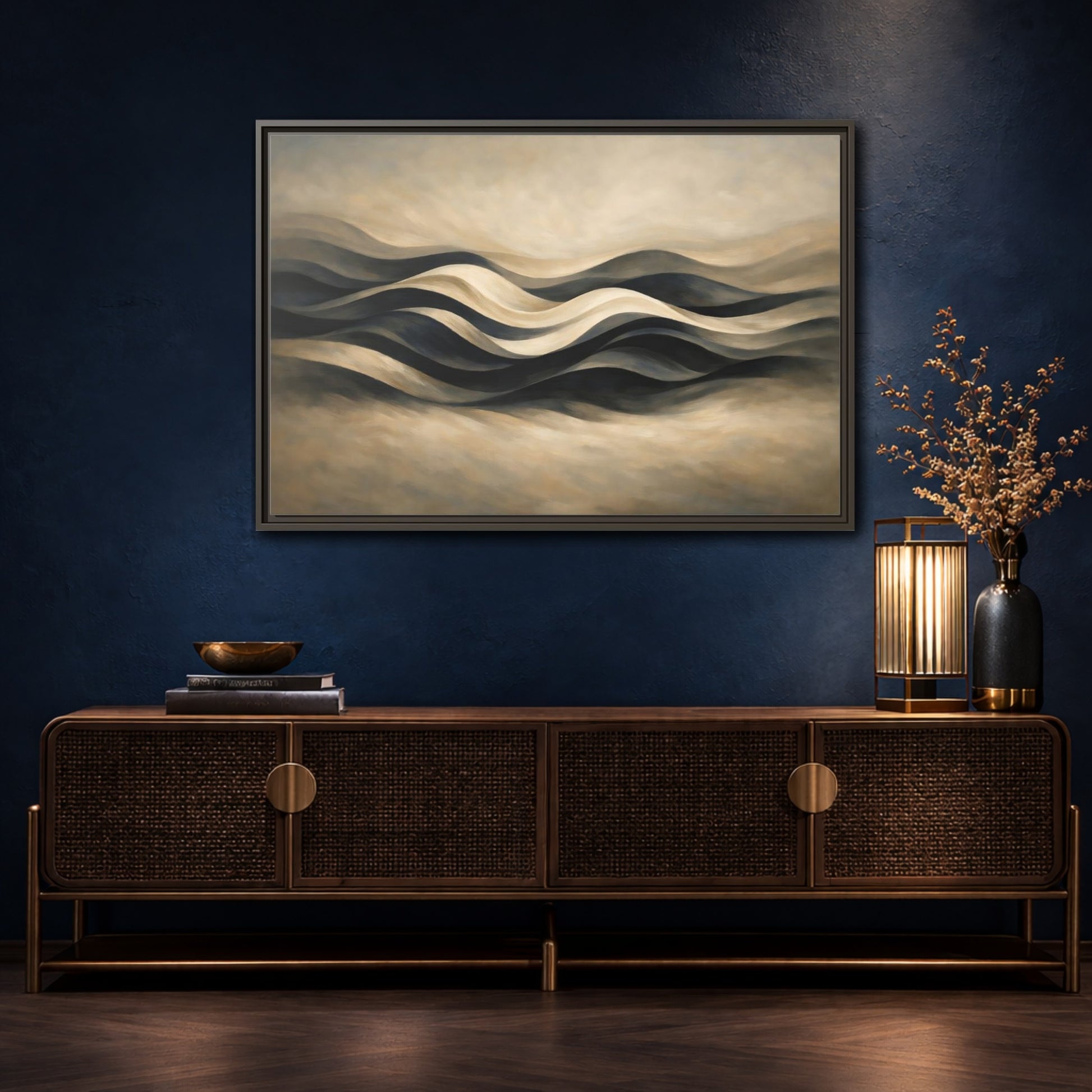 Mockup 4. Abstract Abstract Waves Brown And Beige Waves shown as stretched canvas wall art