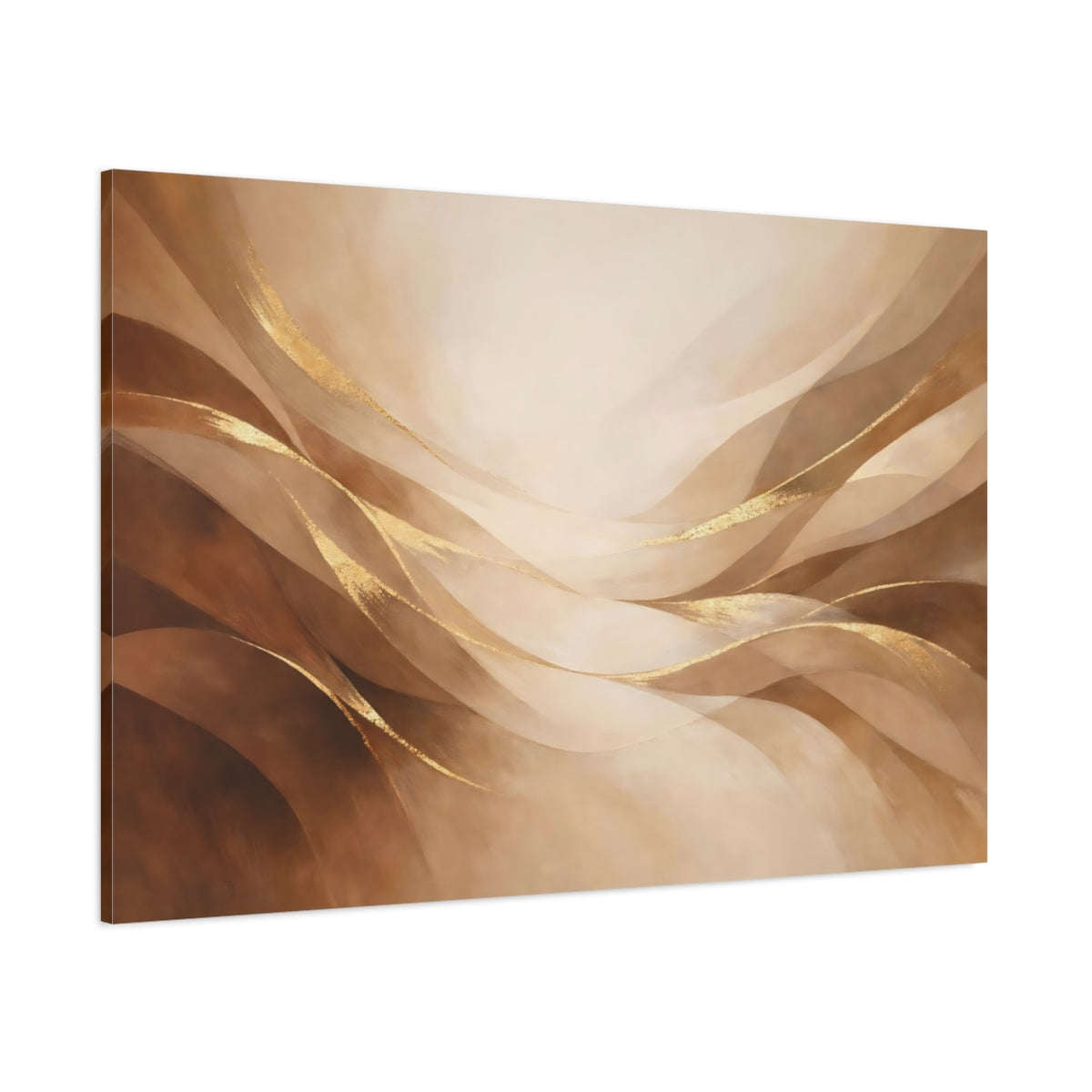 Main Mockup. Abstract Abstract Waves Brown And Gold shown as stretched canvas wall art
