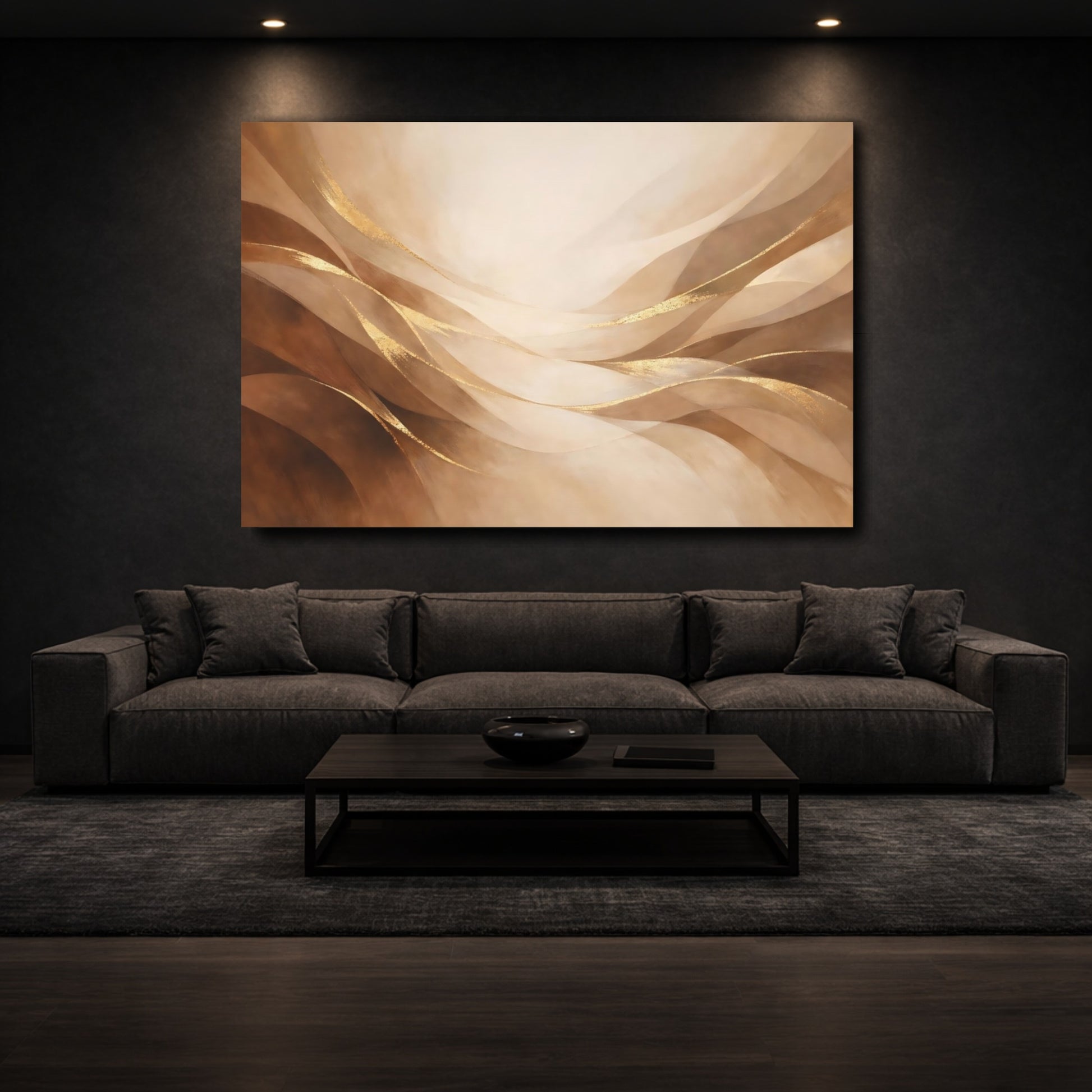 Mockup 2. Abstract Abstract Waves Brown And Gold shown as stretched canvas wall art