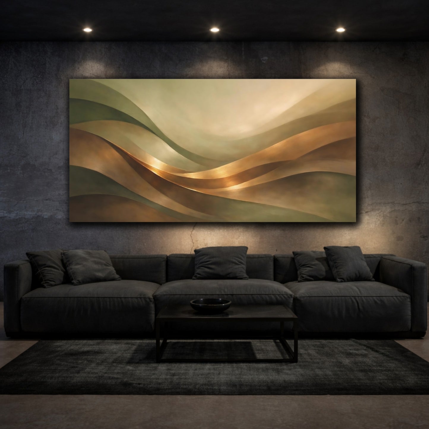 Mockup 2. Abstract Abstract Waves Brown And Gold shown as stretched canvas wall art