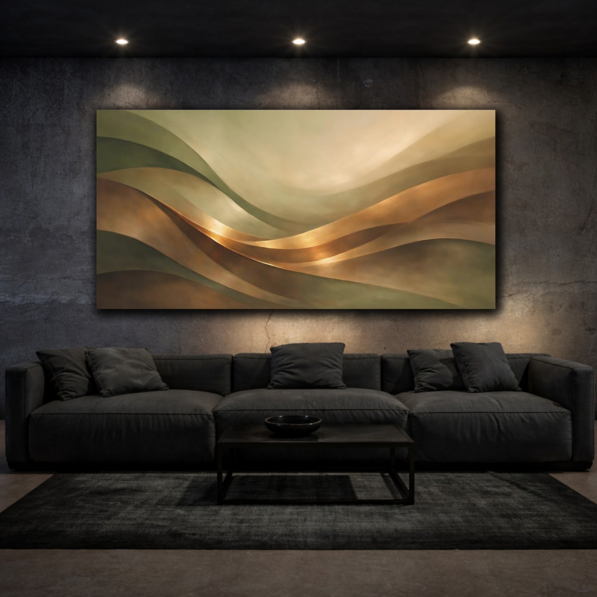 Mockup 2. Abstract Abstract Waves Brown And Gold shown as stretched canvas wall art