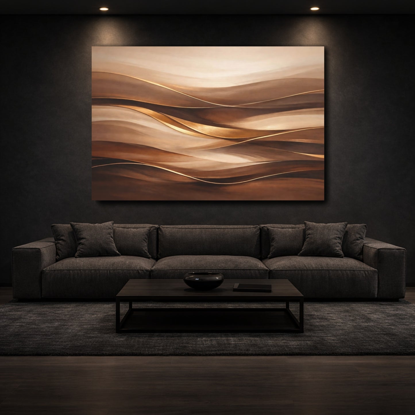 Mockup 2. Abstract Abstract Waves Brown And Gold shown as stretched canvas wall art