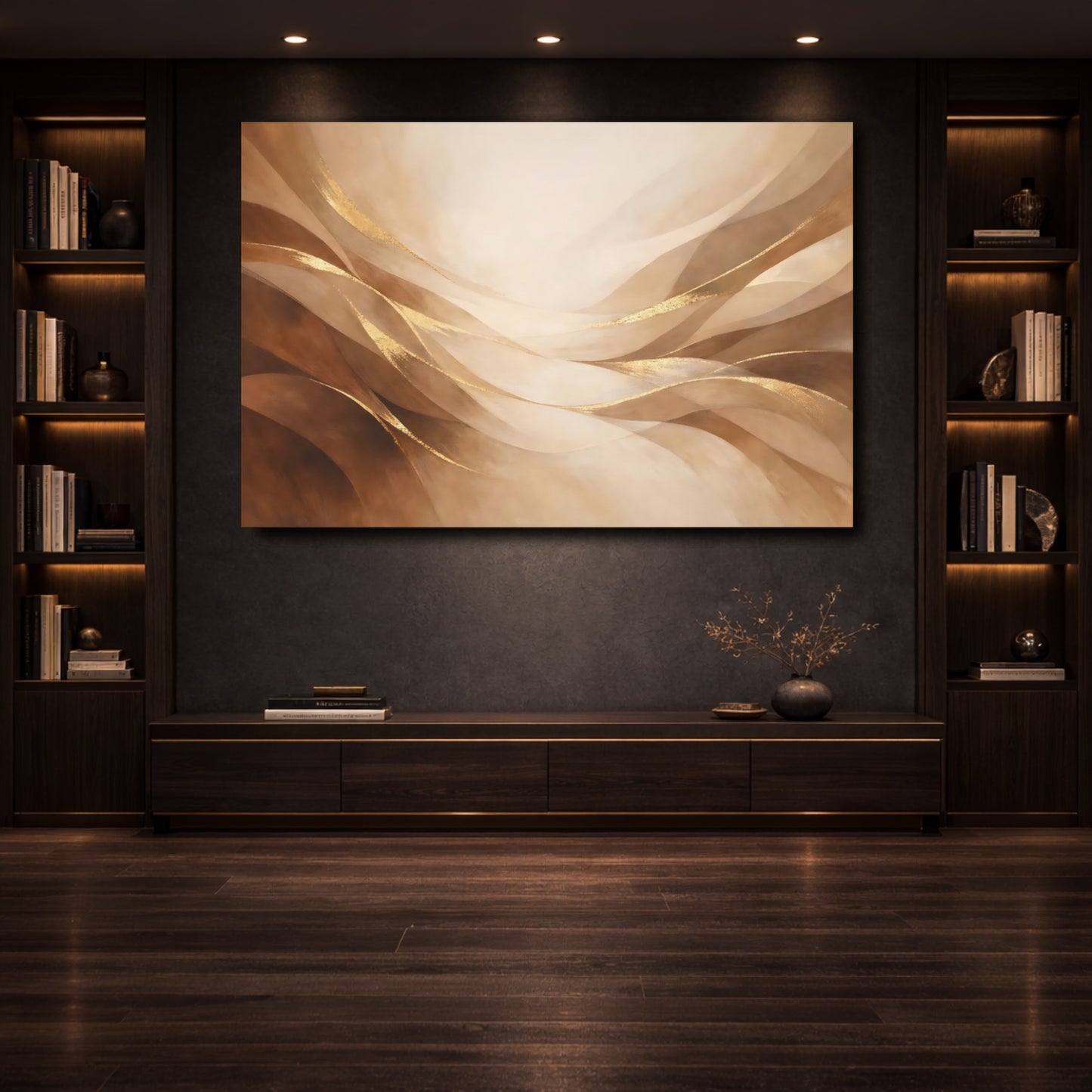 Mockup 3. Abstract Abstract Waves Brown And Gold shown as stretched canvas wall art