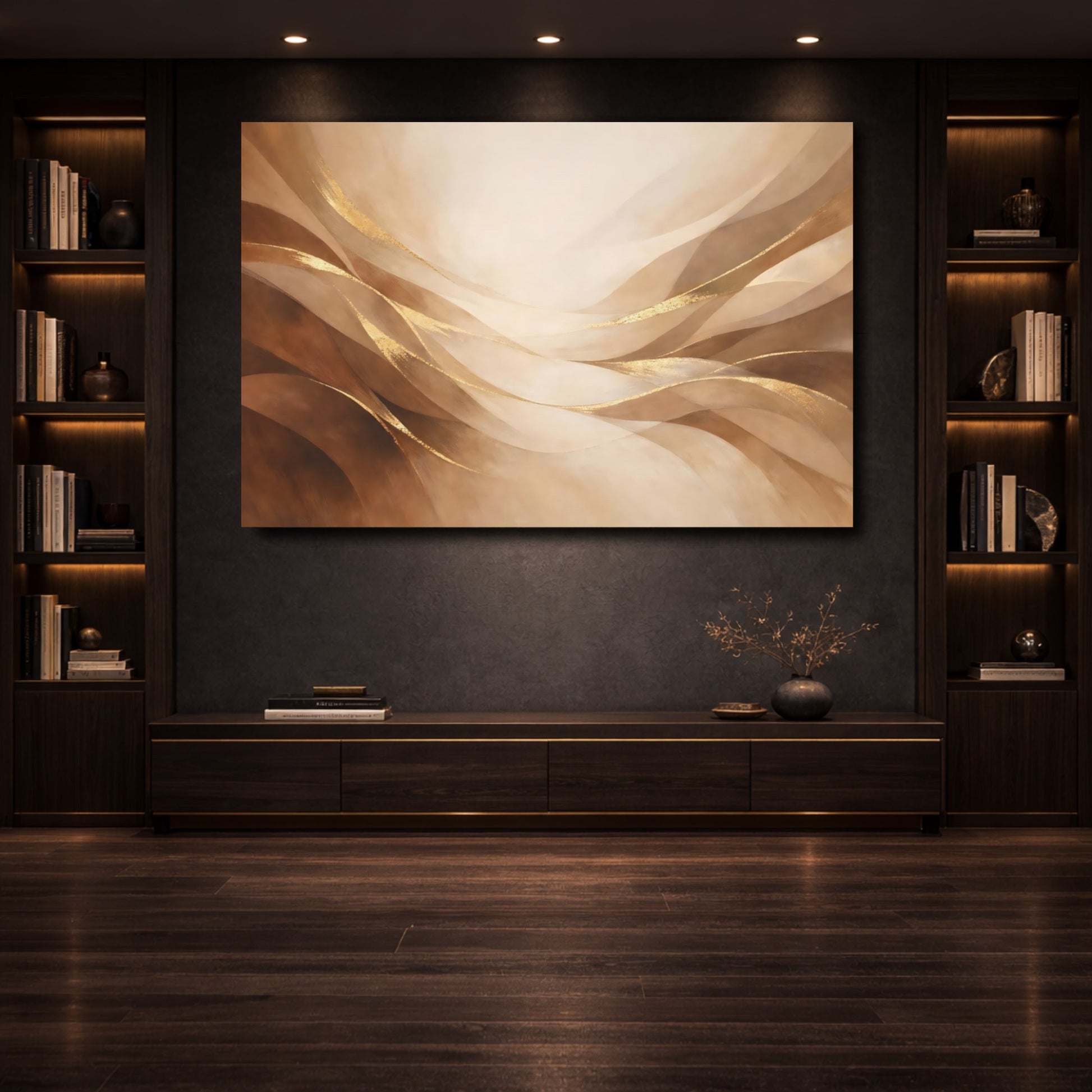 Mockup 3. Abstract Abstract Waves Brown And Gold shown as stretched canvas wall art