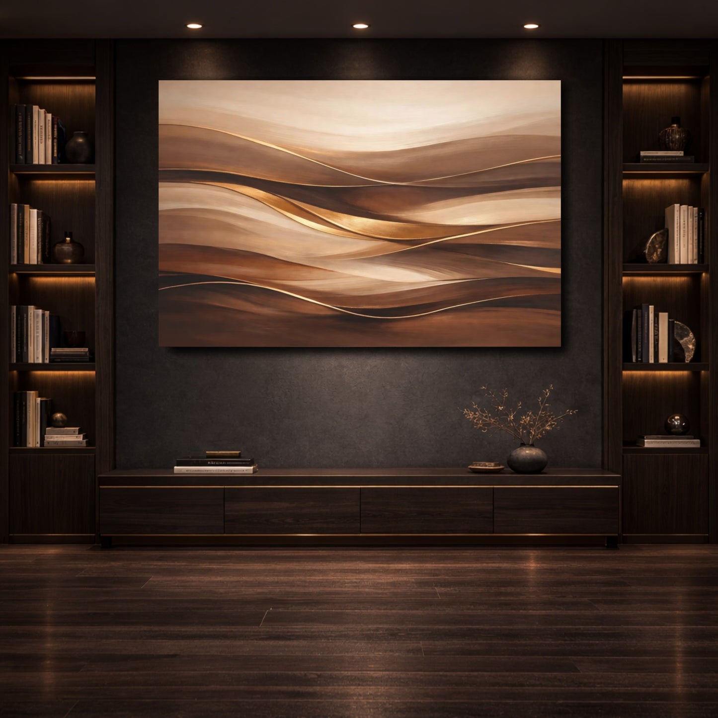 Mockup 3. Abstract Abstract Waves Brown And Gold shown as stretched canvas wall art