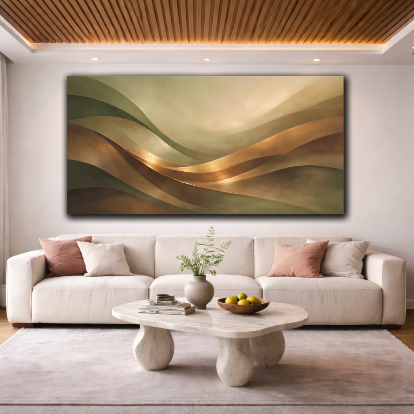 Mockup 3. Abstract Abstract Waves Brown And Gold shown as stretched canvas wall art