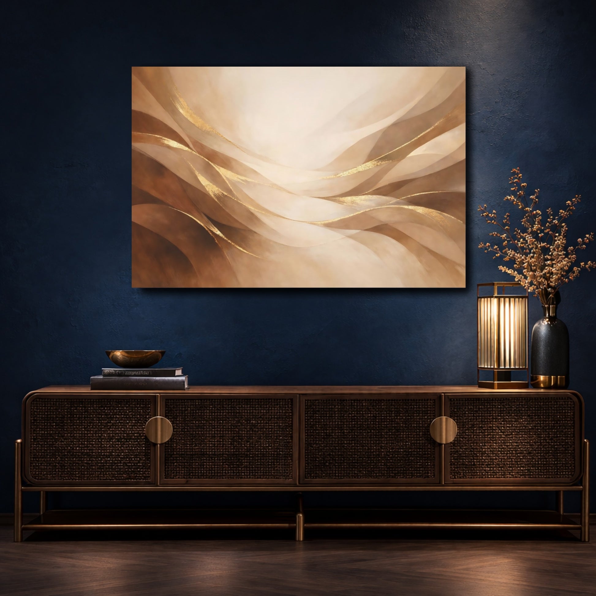 Mockup 4. Abstract Abstract Waves Brown And Gold shown as stretched canvas wall art