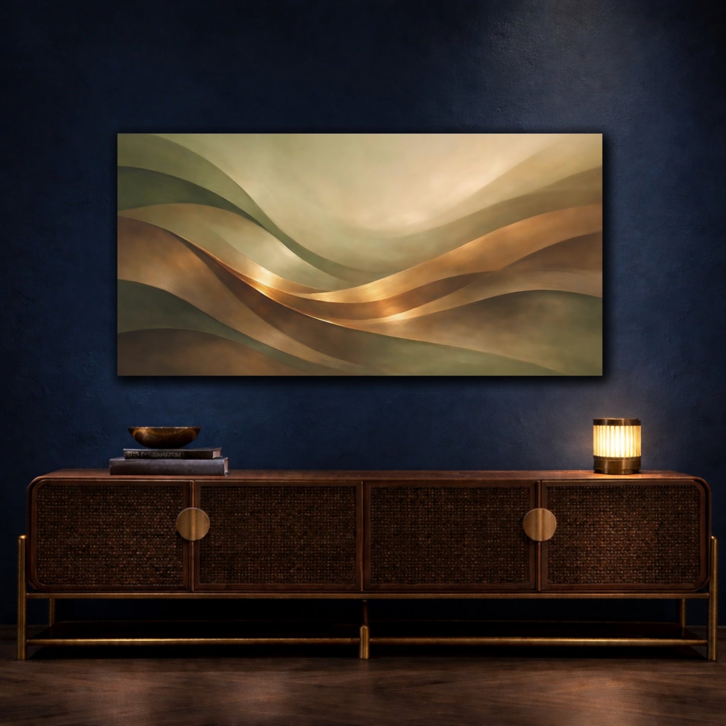 Mockup 4. Abstract Abstract Waves Brown And Gold shown as stretched canvas wall art