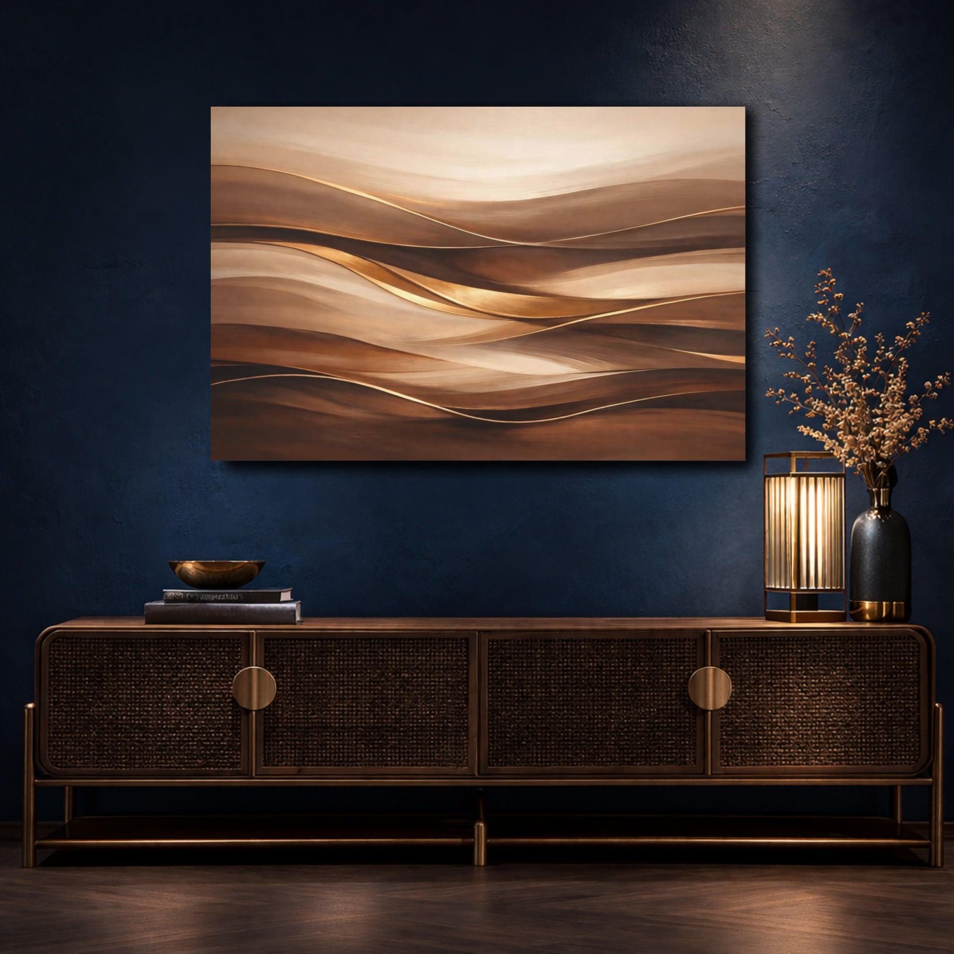 Mockup 4. Abstract Abstract Waves Brown And Gold shown as stretched canvas wall art