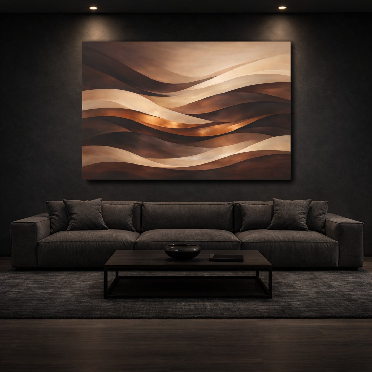 Mockup 2. Abstract Abstract Waves Brown And Gold Waves shown as stretched canvas wall art