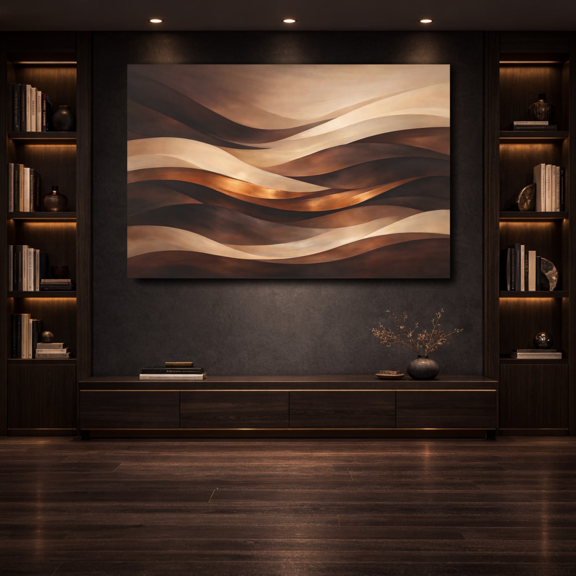 Mockup 3. Abstract Abstract Waves Brown And Gold Waves shown as stretched canvas wall art