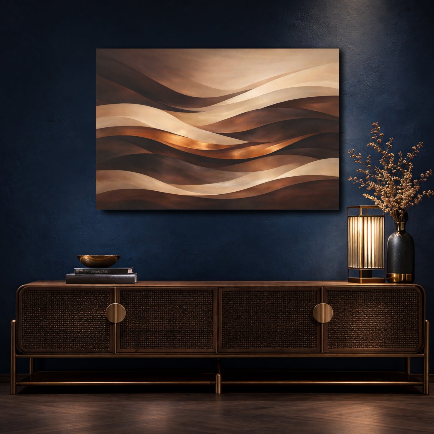 Mockup 4. Abstract Abstract Waves Brown And Gold Waves shown as stretched canvas wall art