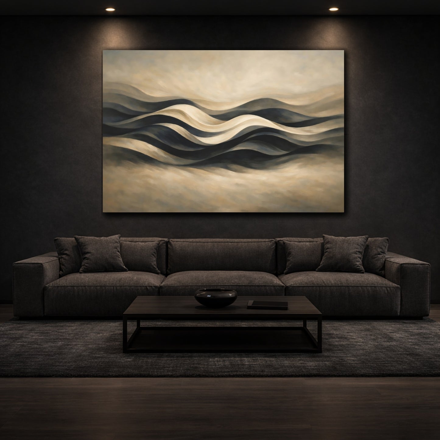 Mockup 2. Abstract Abstract Waves Brown Black Waves shown as stretched canvas wall art