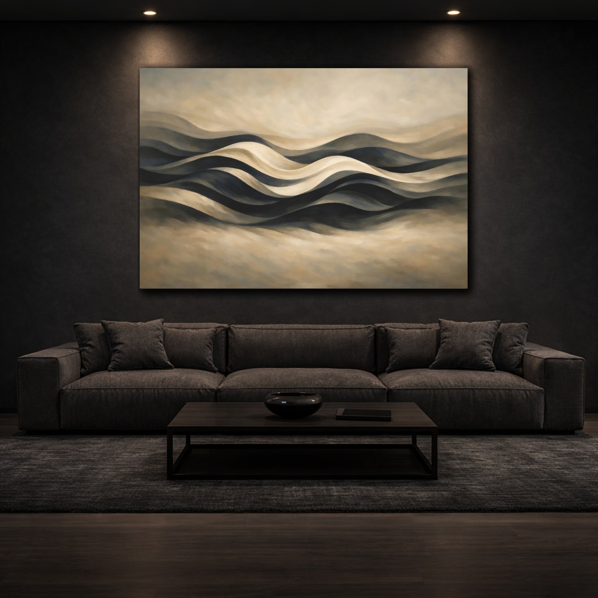 Mockup 2. Abstract Abstract Waves Brown Black Waves shown as stretched canvas wall art