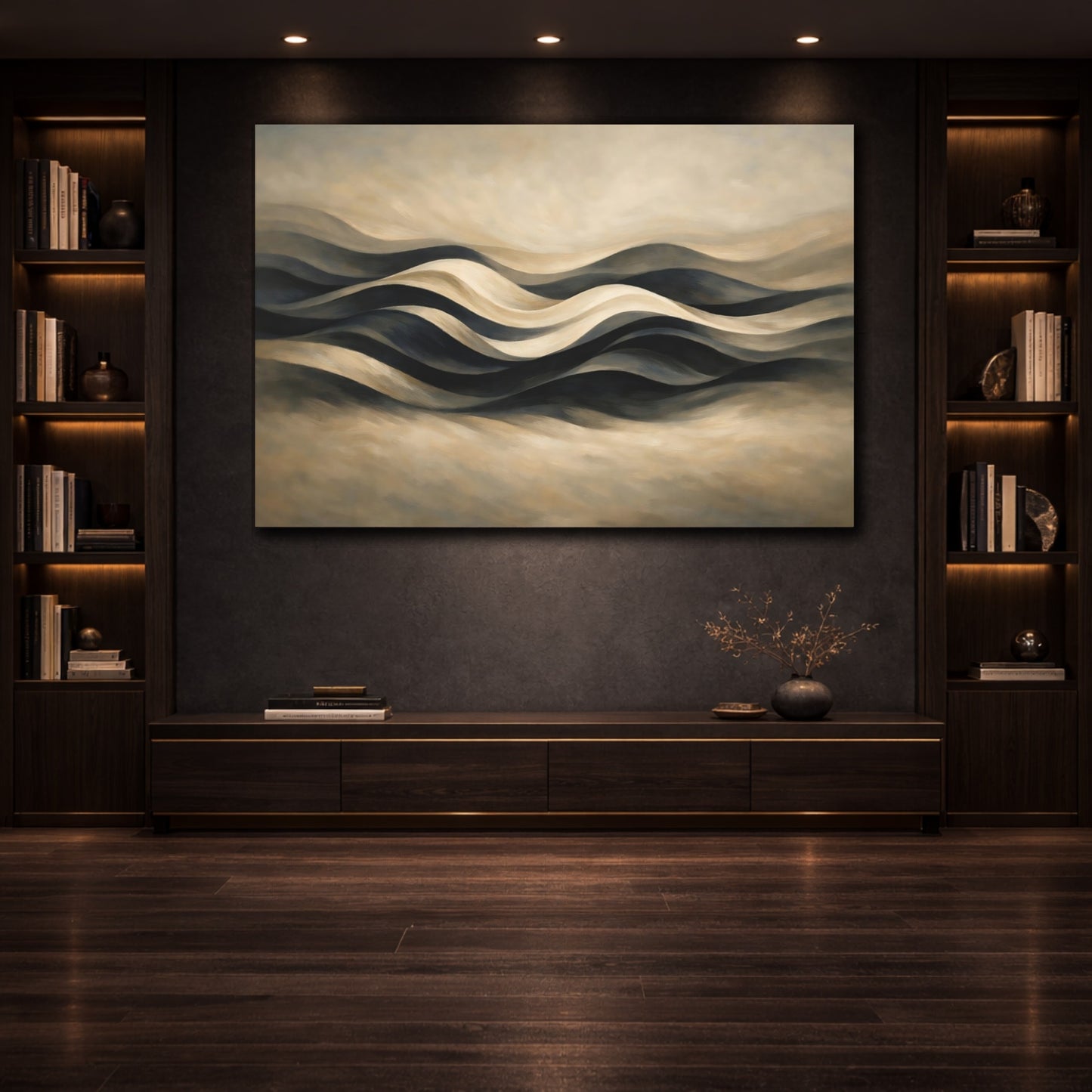 Mockup 3. Abstract Abstract Waves Brown Black Waves shown as stretched canvas wall art