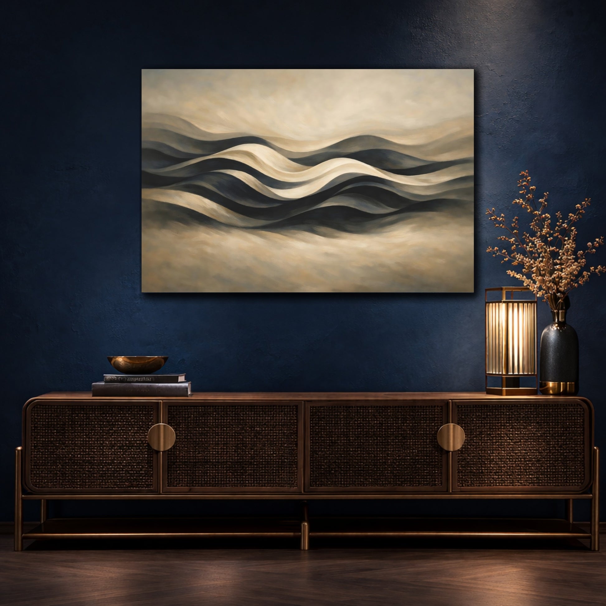 Mockup 4. Abstract Abstract Waves Brown Black Waves shown as stretched canvas wall art