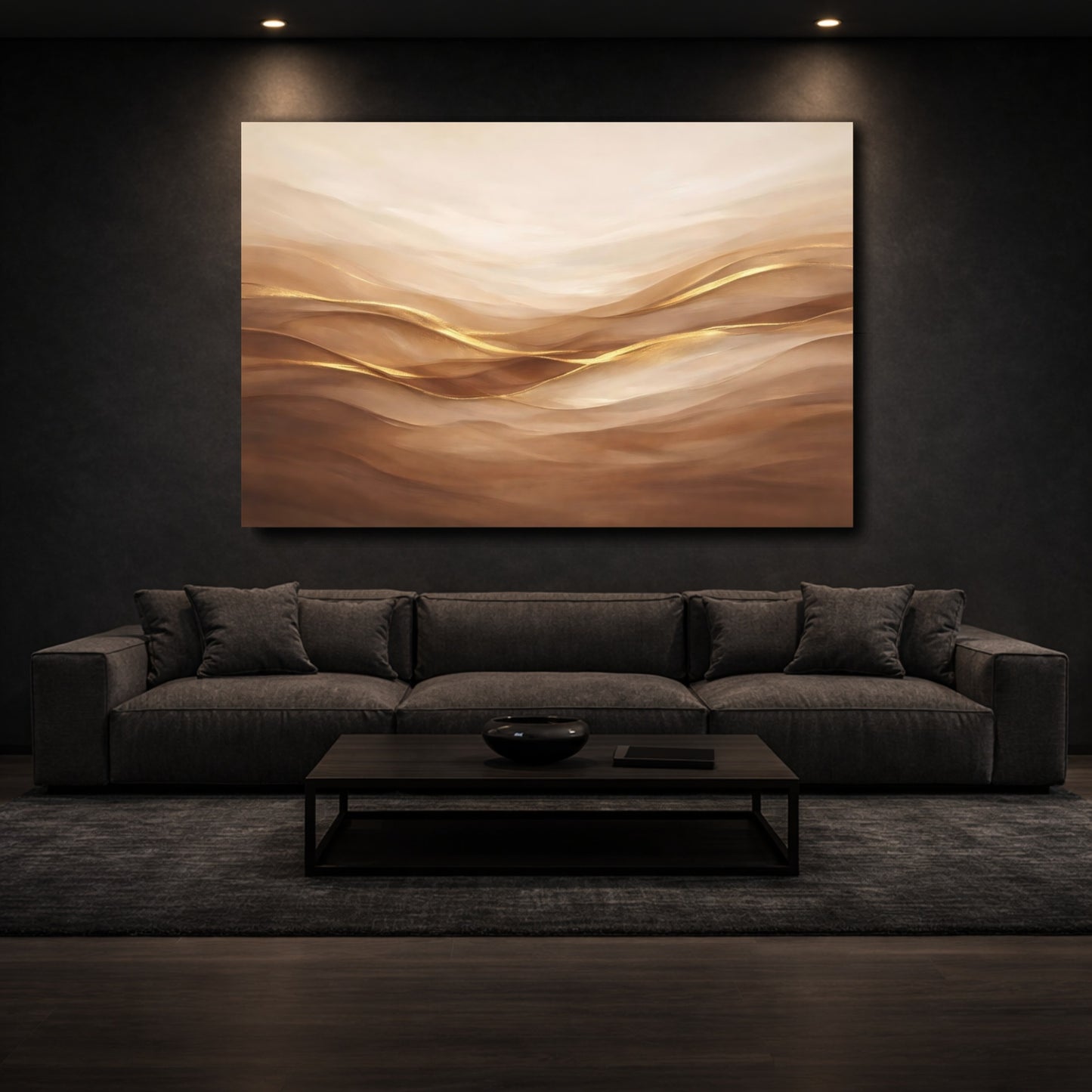 Mockup 2. Abstract Abstract Waves Brown Gold Abstract shown as stretched canvas wall art