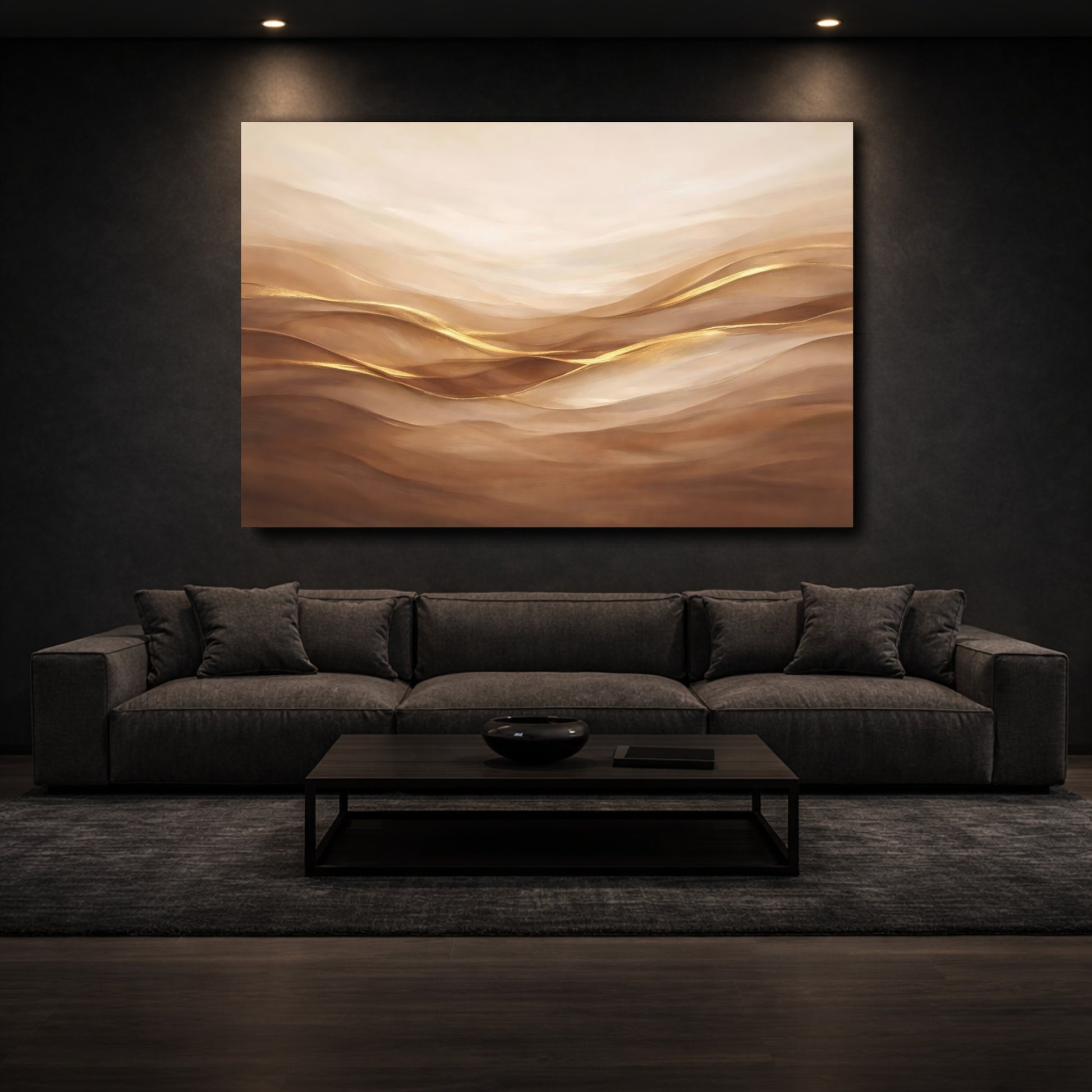 Mockup 2. Abstract Abstract Waves Brown Gold Abstract shown as stretched canvas wall art