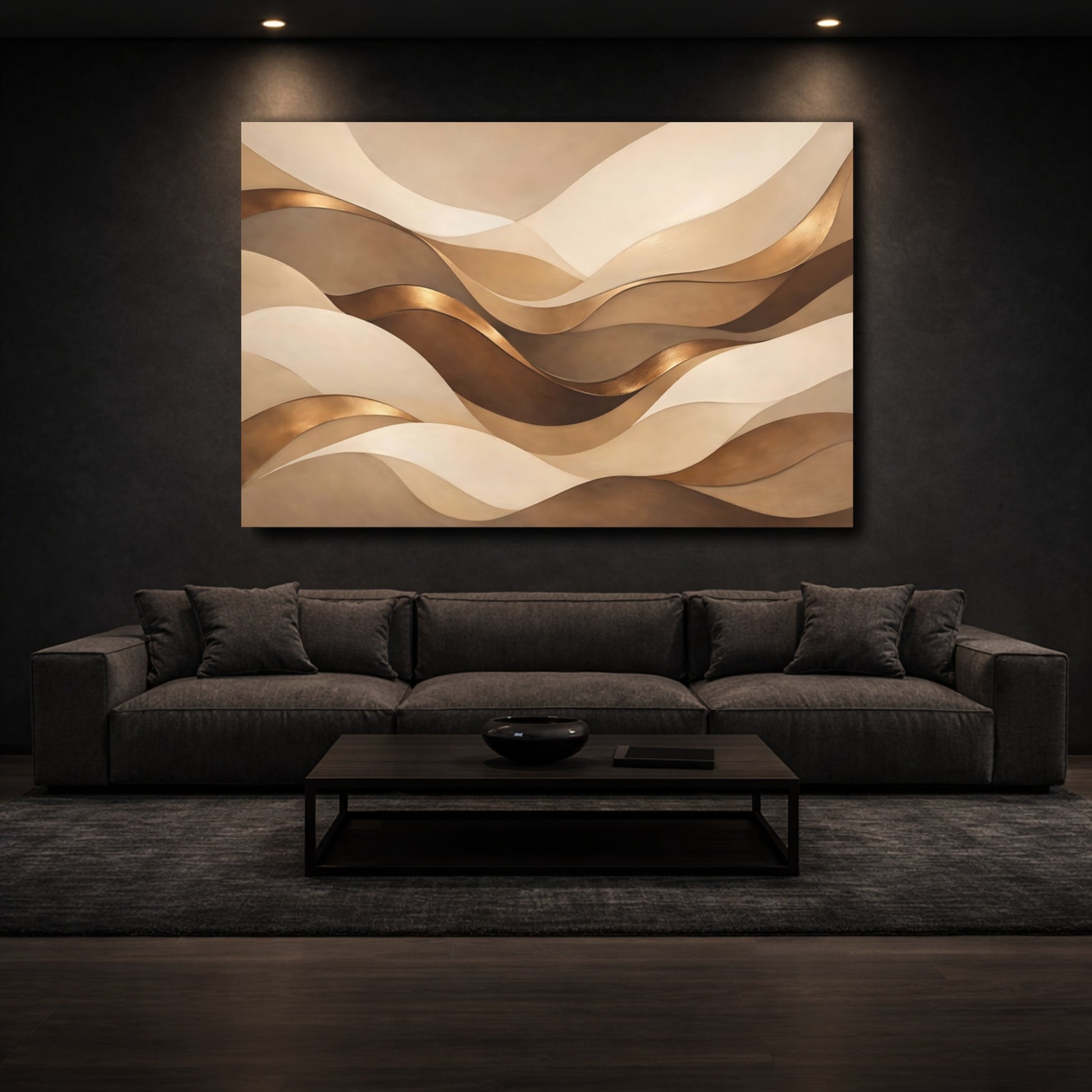 Mockup 2. Abstract Abstract Waves Brown Gold Abstract shown as stretched canvas wall art