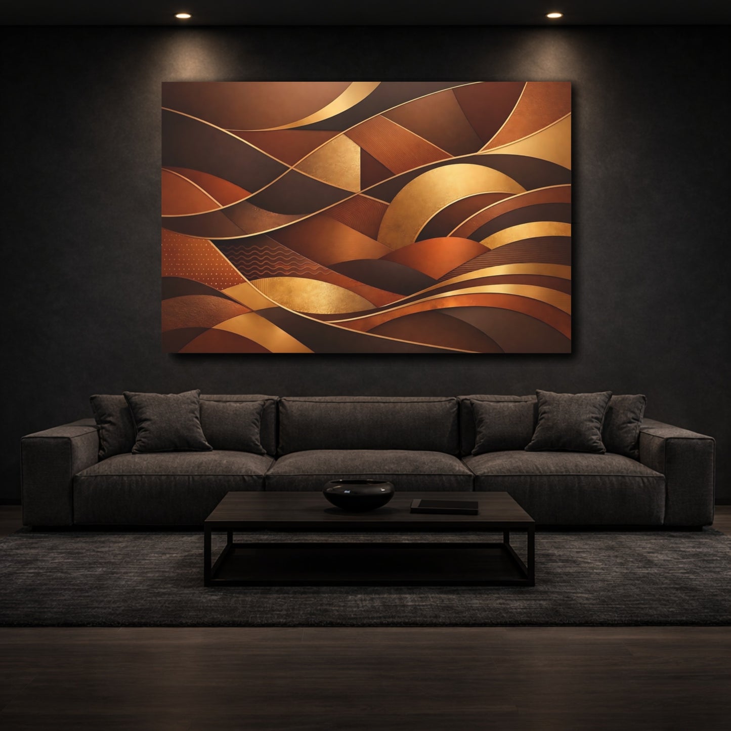 Mockup 2. Abstract Abstract Waves Brown Gold Abstract shown as stretched canvas wall art