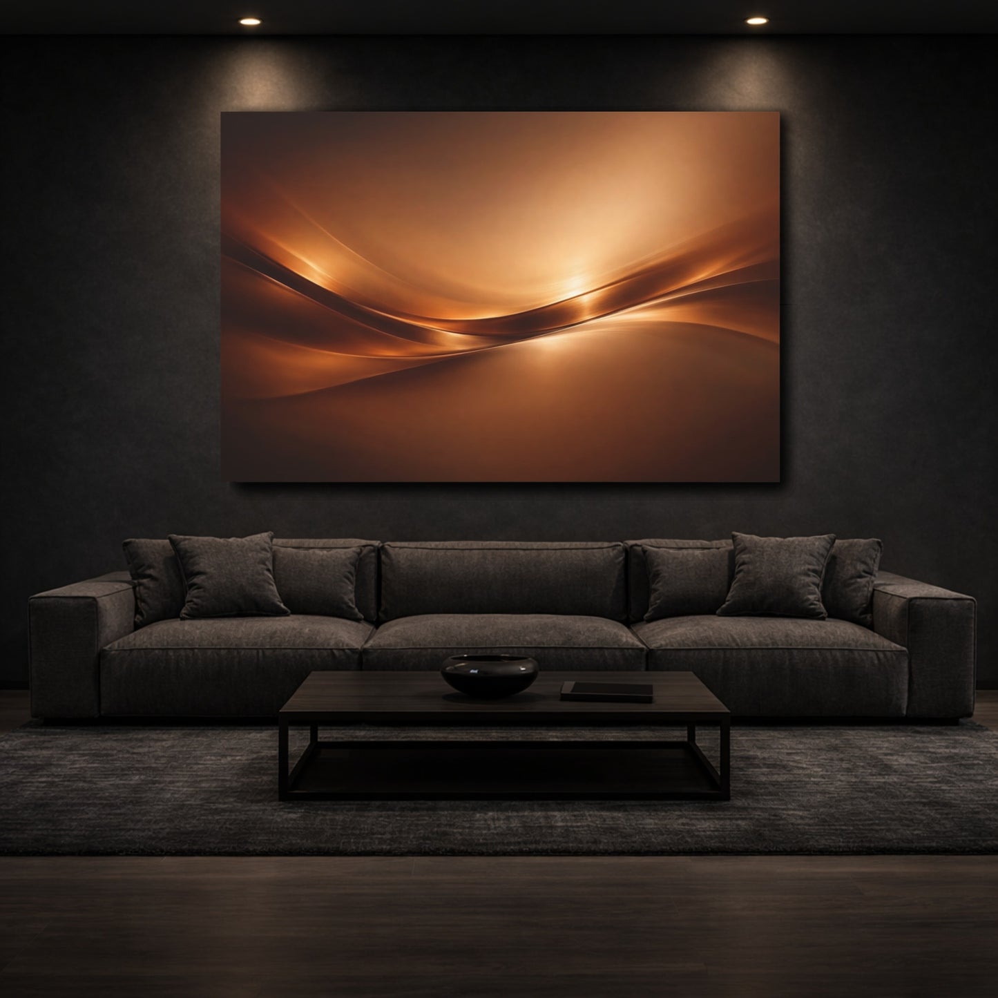 Mockup 2. Abstract Abstract Waves Brown Gold Abstract shown as stretched canvas wall art