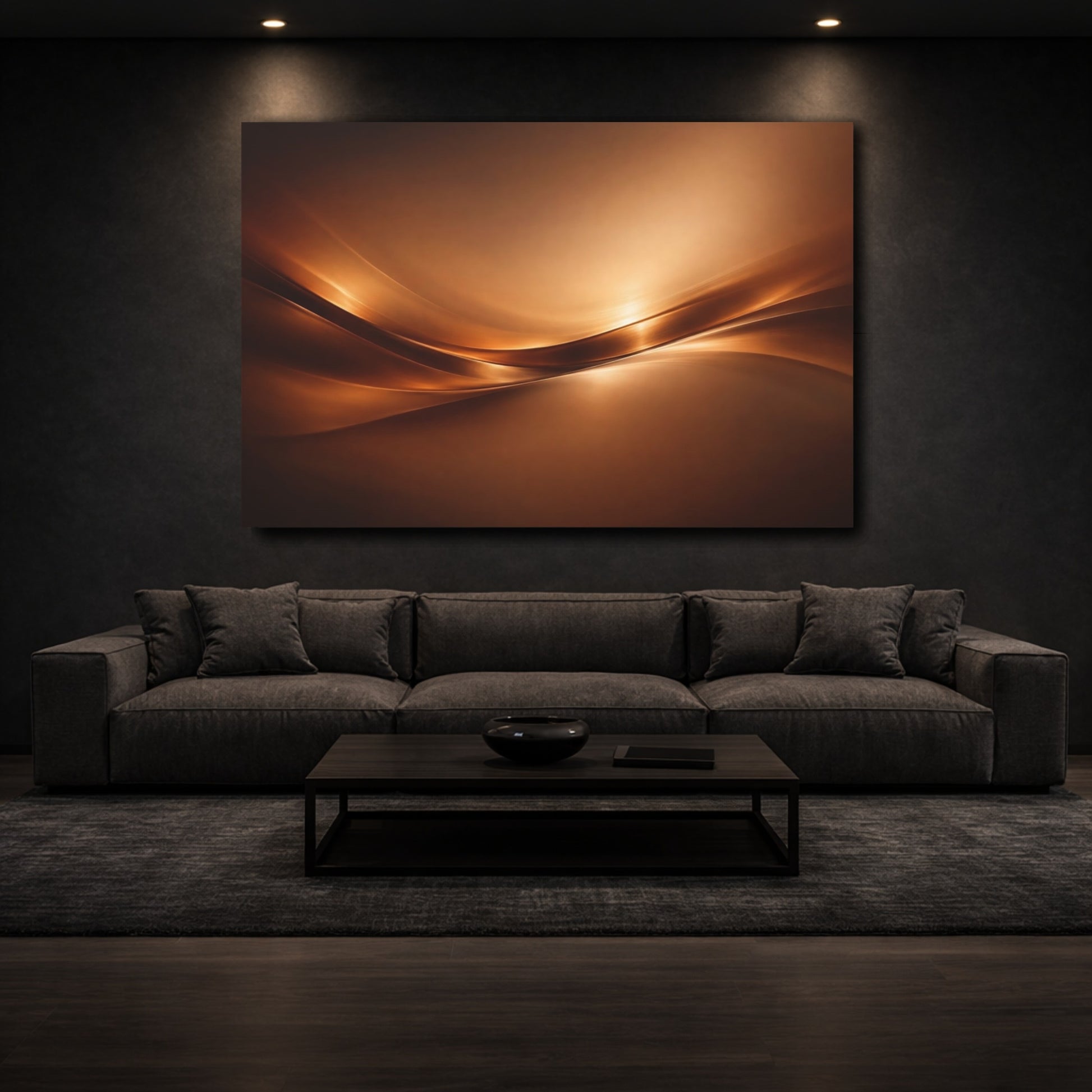 Mockup 2. Abstract Abstract Waves Brown Gold Abstract shown as stretched canvas wall art