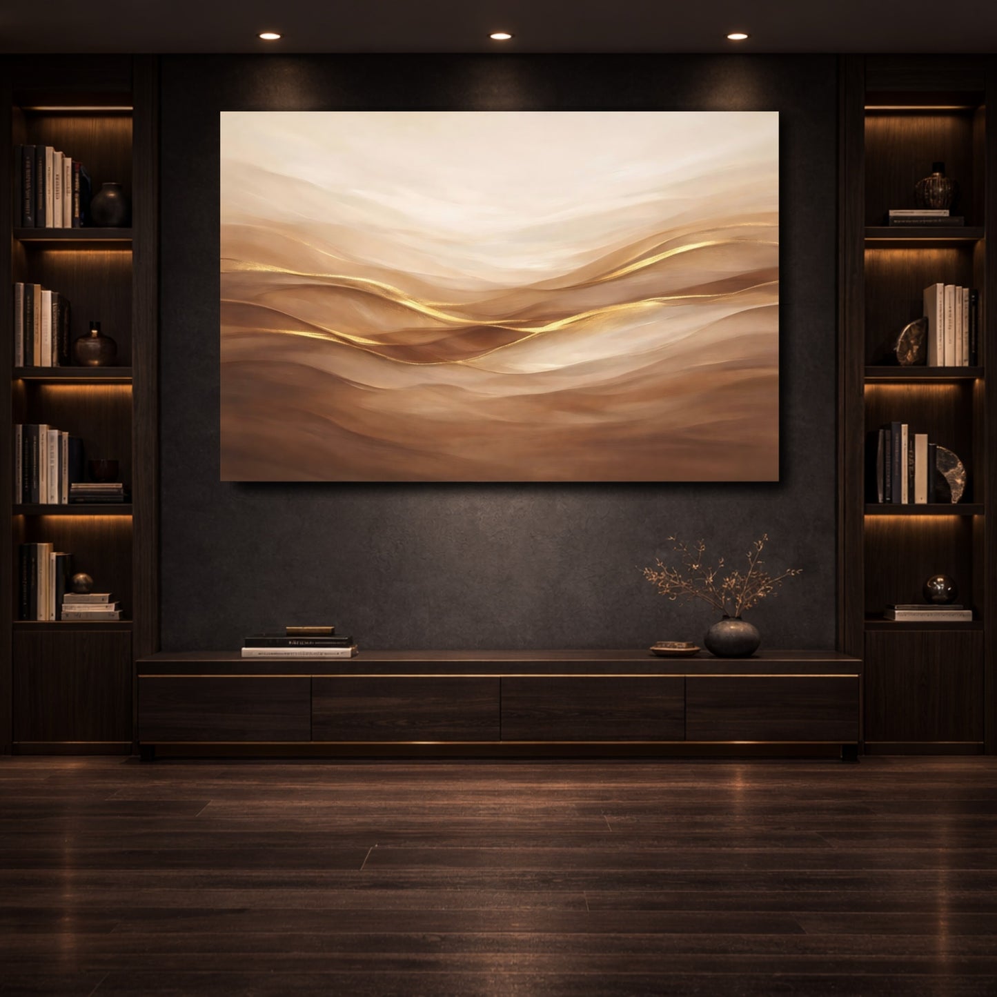 Mockup 3. Abstract Abstract Waves Brown Gold Abstract shown as stretched canvas wall art