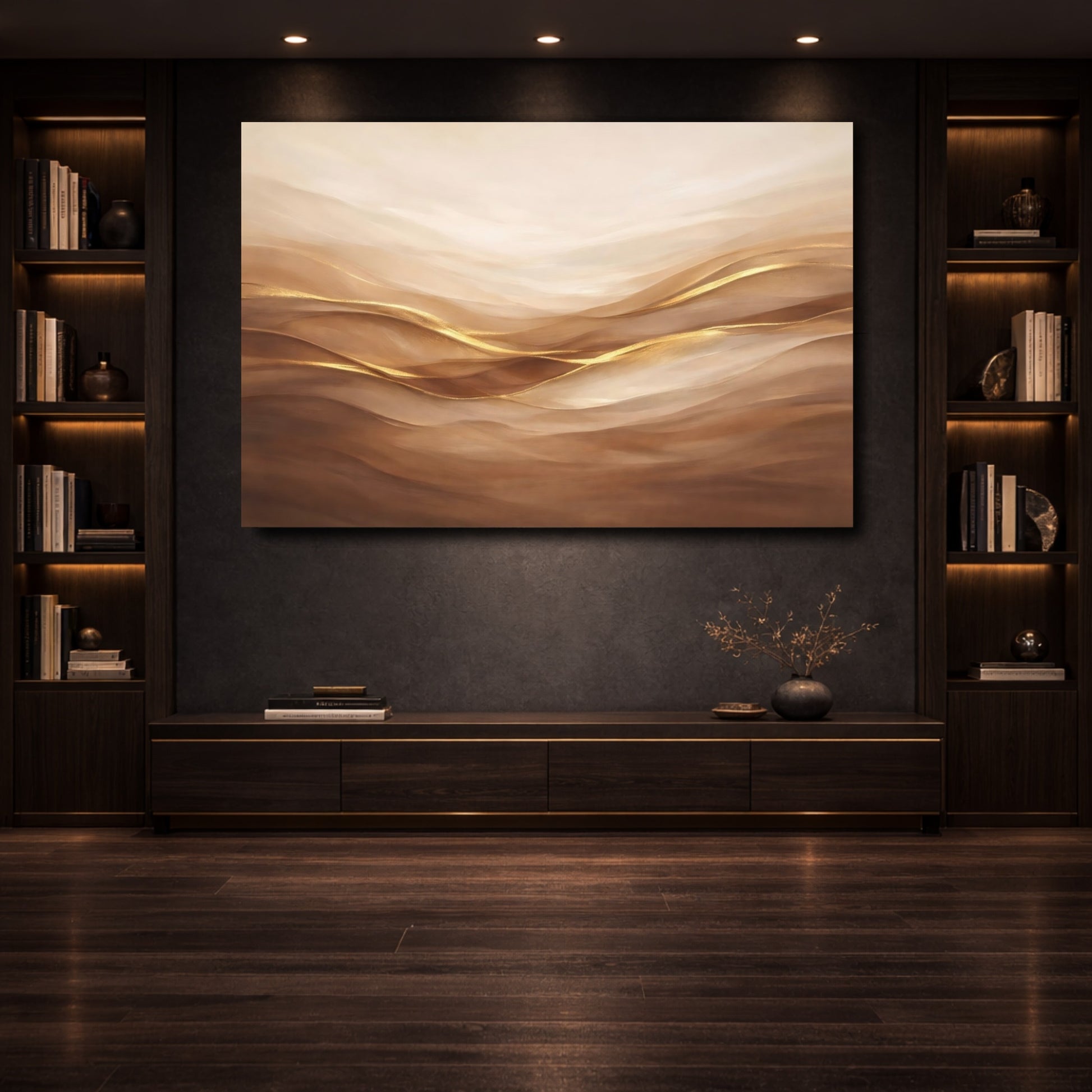 Mockup 3. Abstract Abstract Waves Brown Gold Abstract shown as stretched canvas wall art