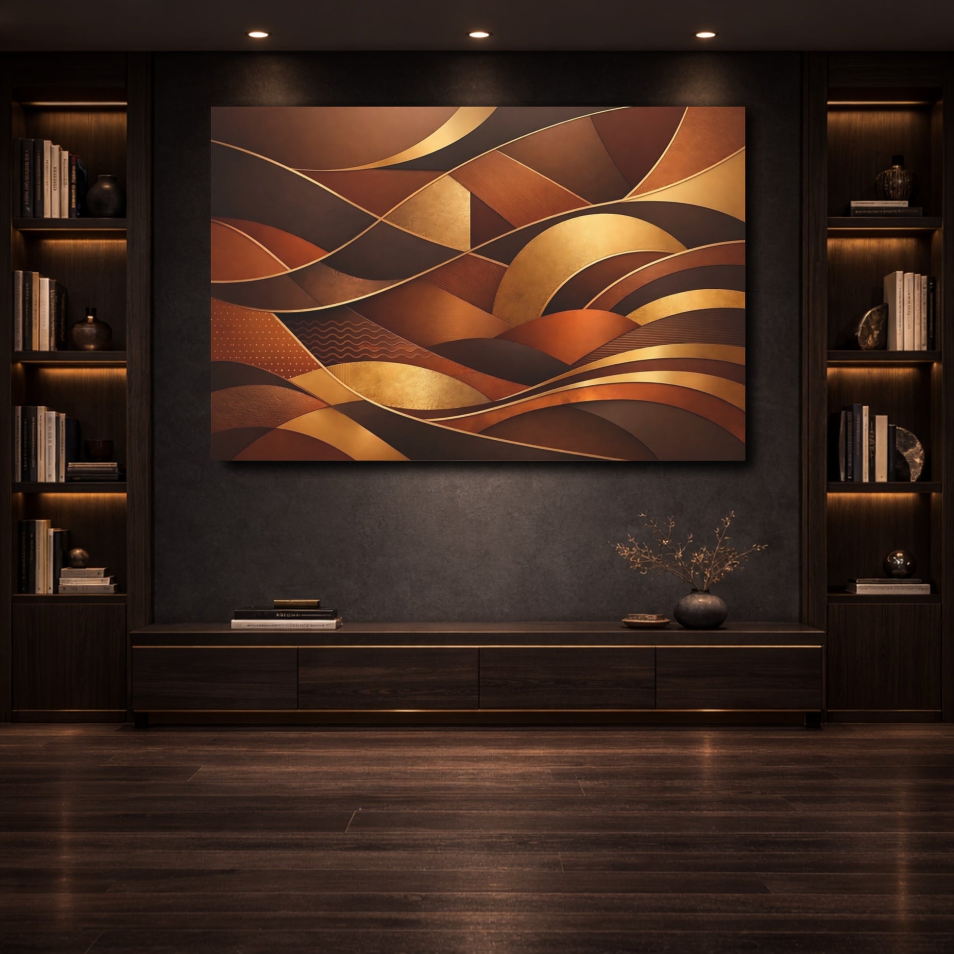 Mockup 3. Abstract Abstract Waves Brown Gold Abstract shown as stretched canvas wall art