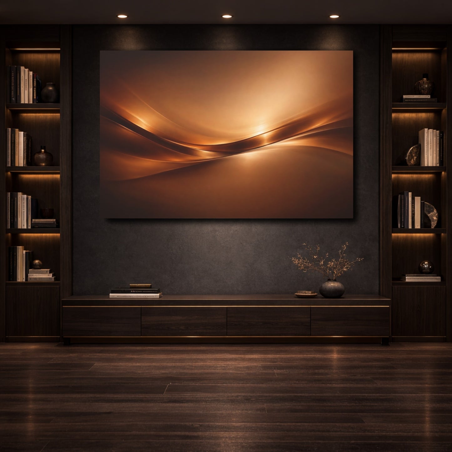 Mockup 3. Abstract Abstract Waves Brown Gold Abstract shown as stretched canvas wall art