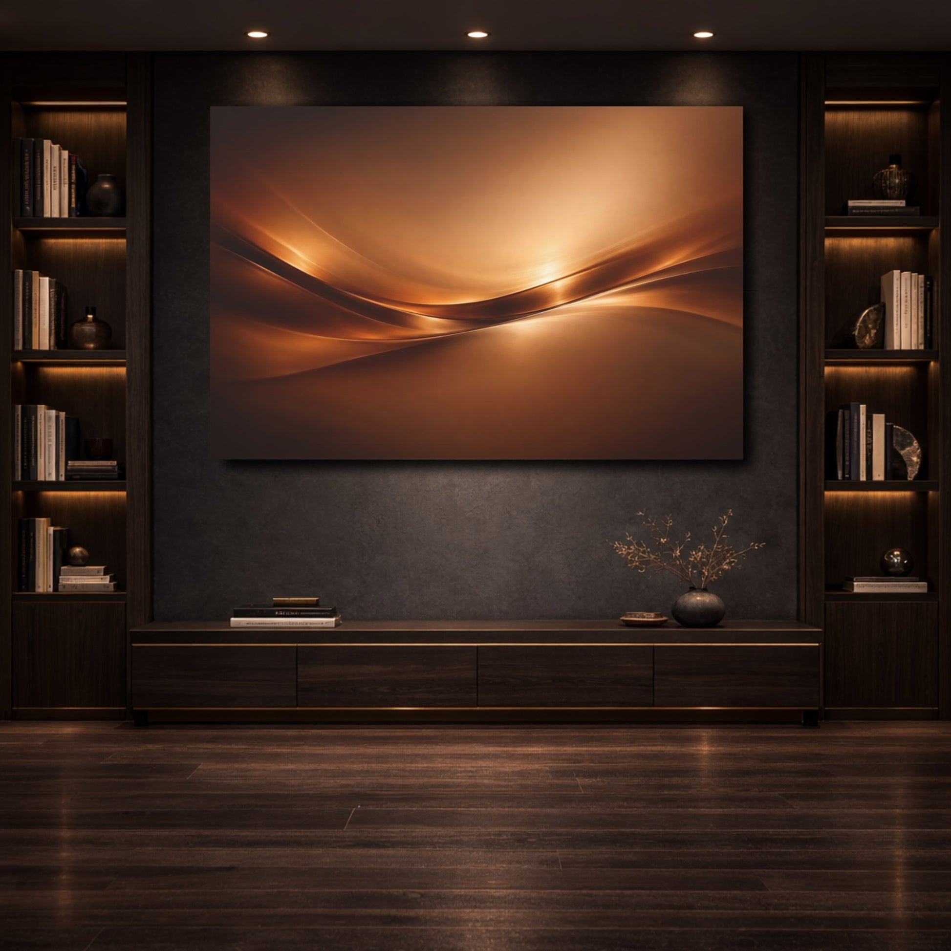 Mockup 3. Abstract Abstract Waves Brown Gold Abstract shown as stretched canvas wall art