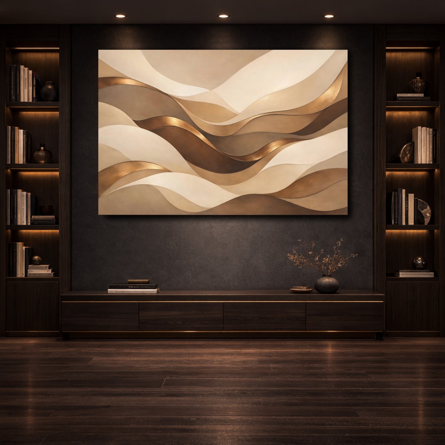 Mockup 3. Abstract Abstract Waves Brown Gold Abstract shown as stretched canvas wall art