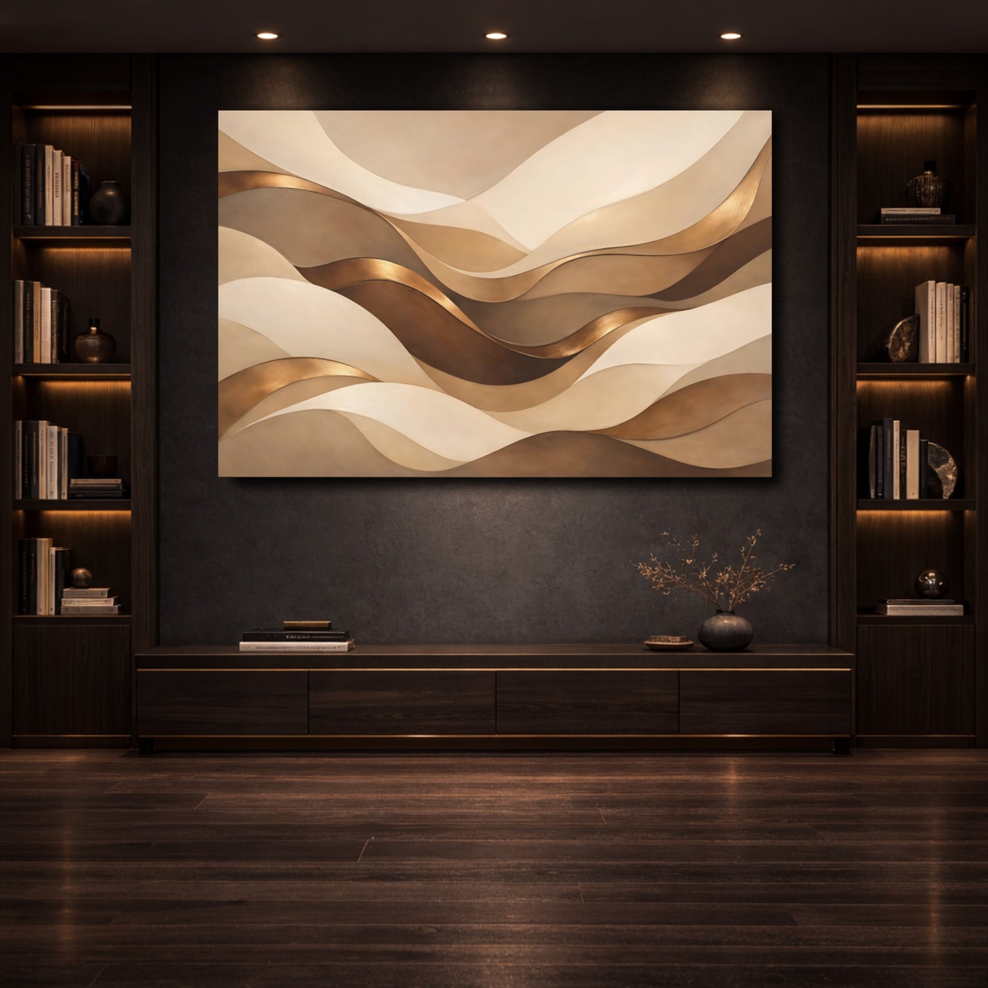 Mockup 3. Abstract Abstract Waves Brown Gold Abstract shown as stretched canvas wall art