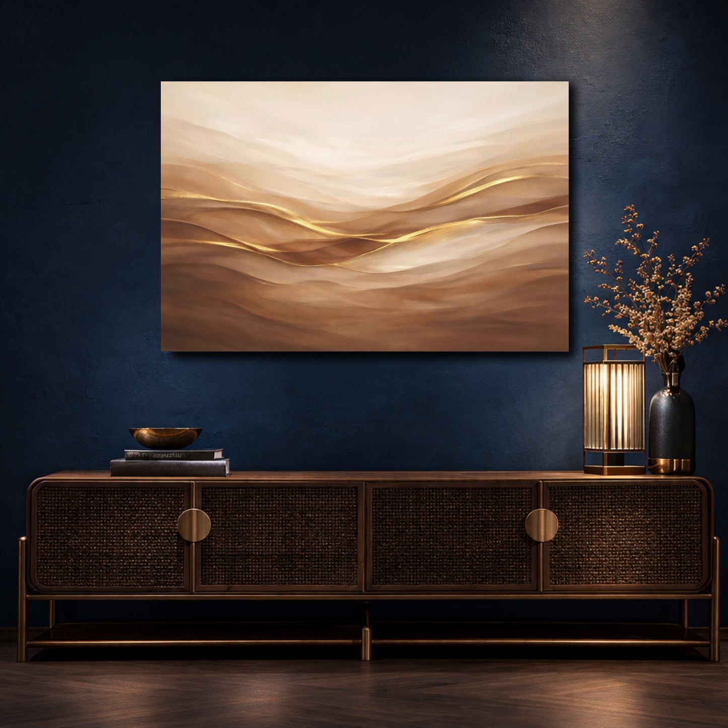 Mockup 4. Abstract Abstract Waves Brown Gold Abstract shown as stretched canvas wall art