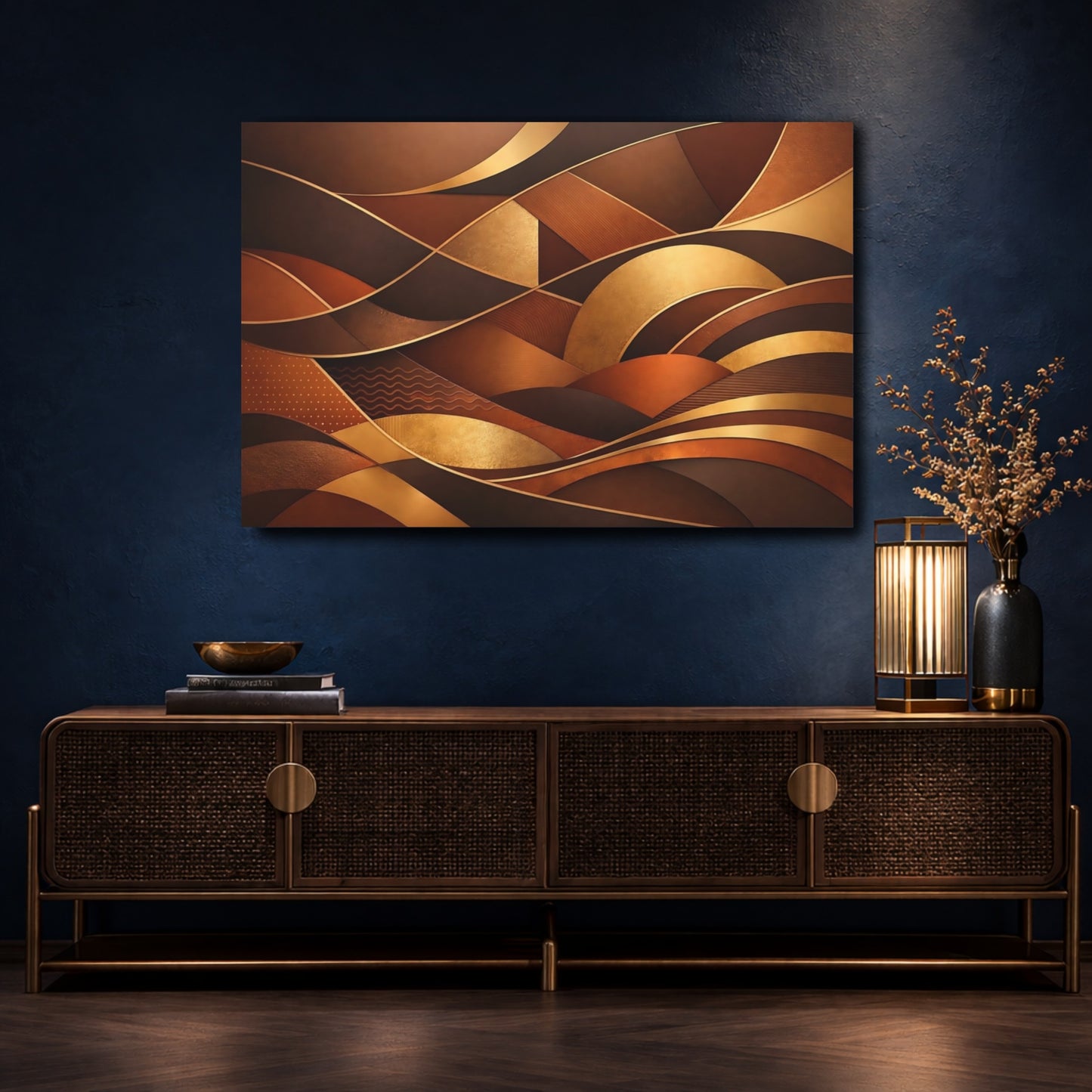 Mockup 4. Abstract Abstract Waves Brown Gold Abstract shown as stretched canvas wall art