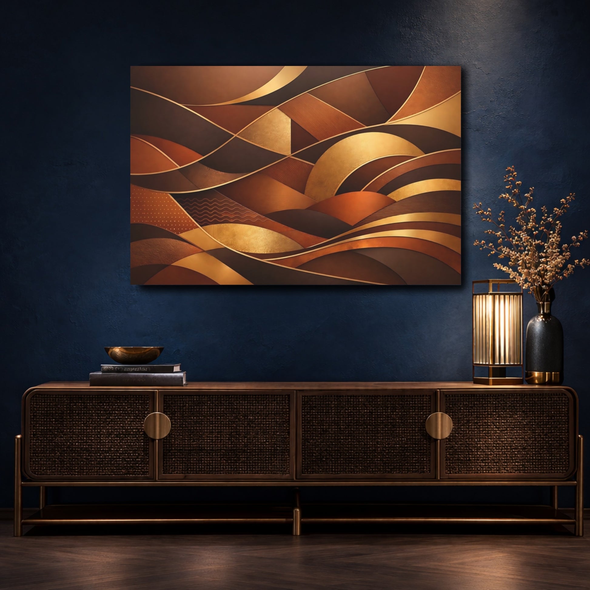 Mockup 4. Abstract Abstract Waves Brown Gold Abstract shown as stretched canvas wall art