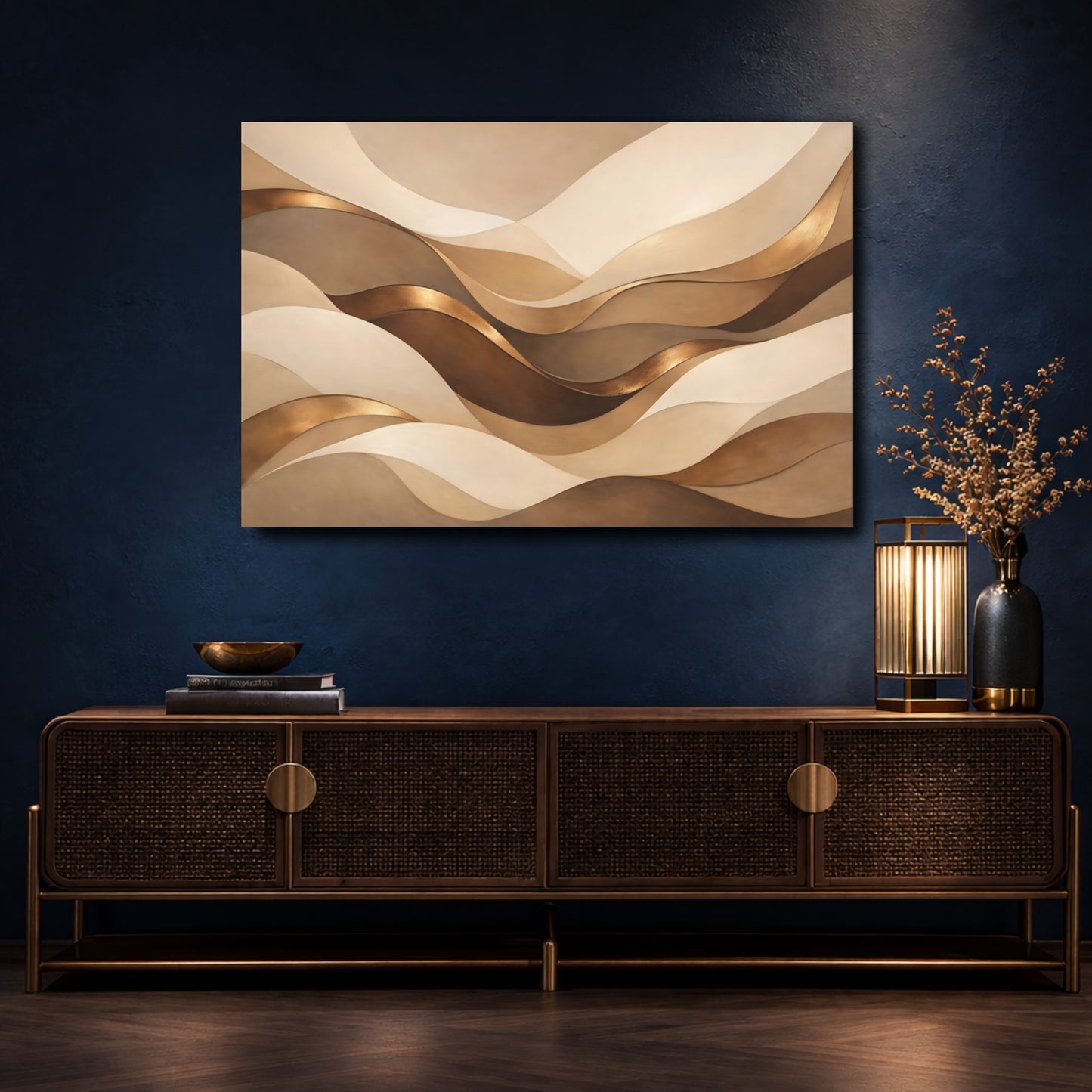 Mockup 4. Abstract Abstract Waves Brown Gold Abstract shown as stretched canvas wall art