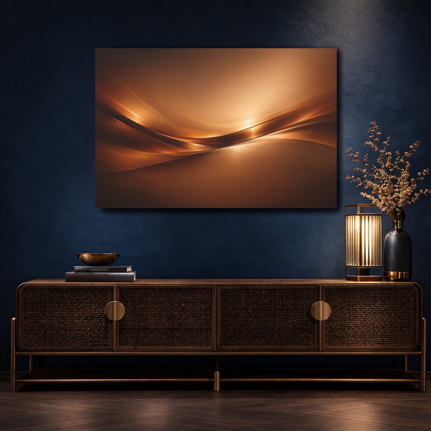 Mockup 4. Abstract Abstract Waves Brown Gold Abstract shown as stretched canvas wall art