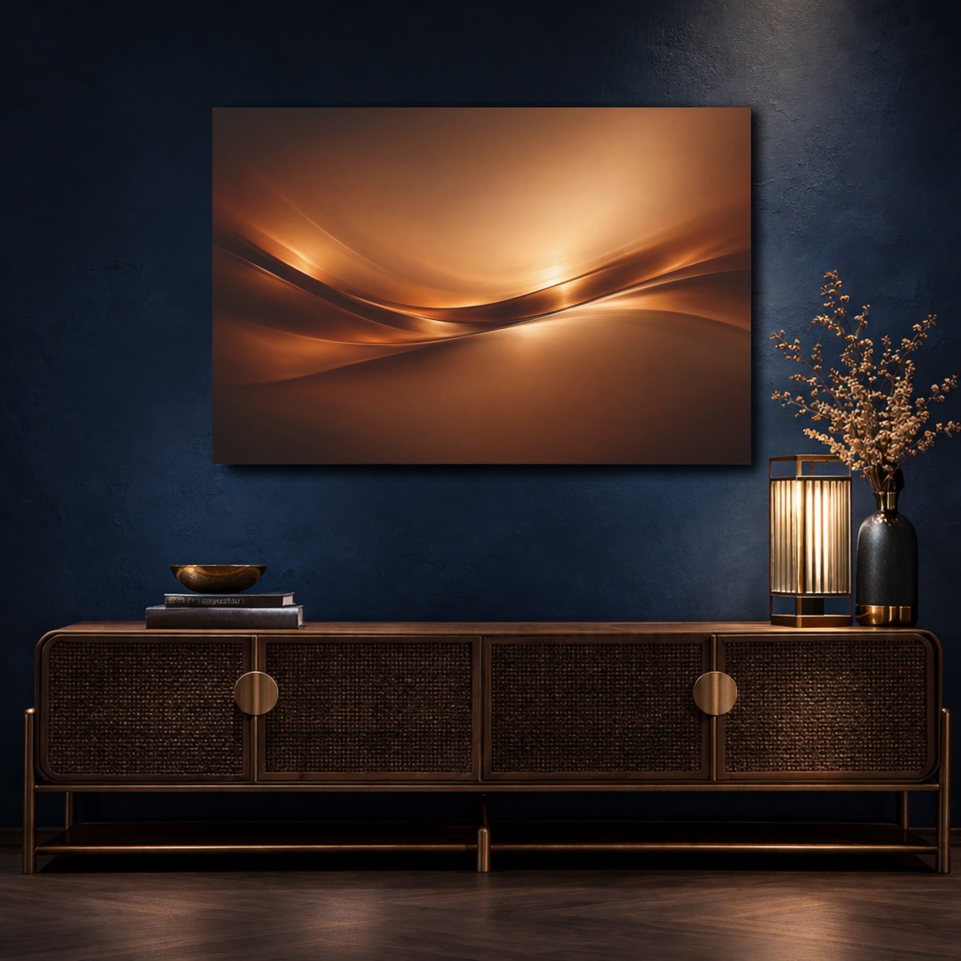 Mockup 4. Abstract Abstract Waves Brown Gold Abstract shown as stretched canvas wall art