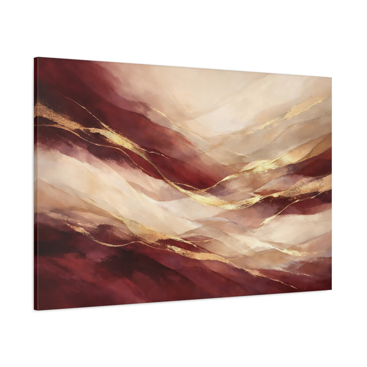 Main Mockup. Abstract Abstract Waves Burgundy Gold Abstract shown as stretched canvas wall art