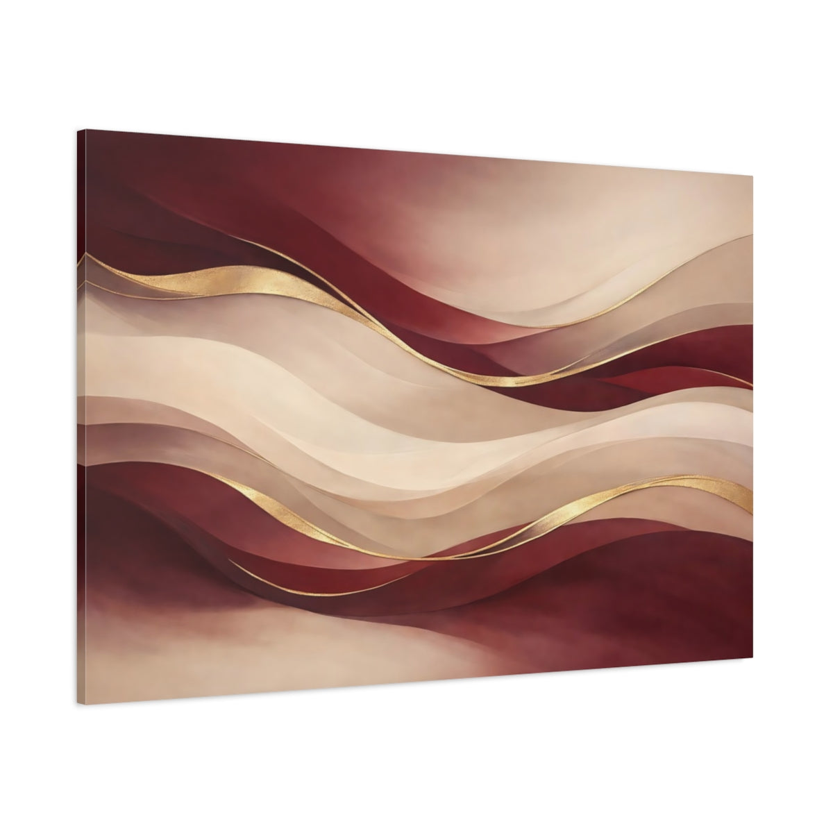 Main Mockup. Abstract Abstract Waves Burgundy Gold Abstract shown as stretched canvas wall art