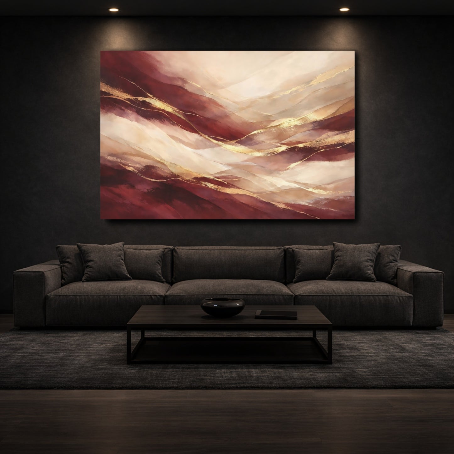 Mockup 2. Abstract Abstract Waves Burgundy Gold Abstract shown as stretched canvas wall art