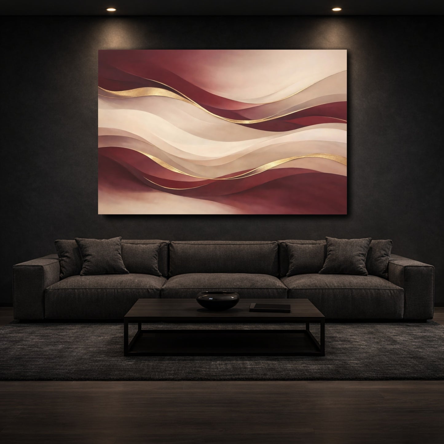 Mockup 2. Abstract Abstract Waves Burgundy Gold Abstract shown as stretched canvas wall art