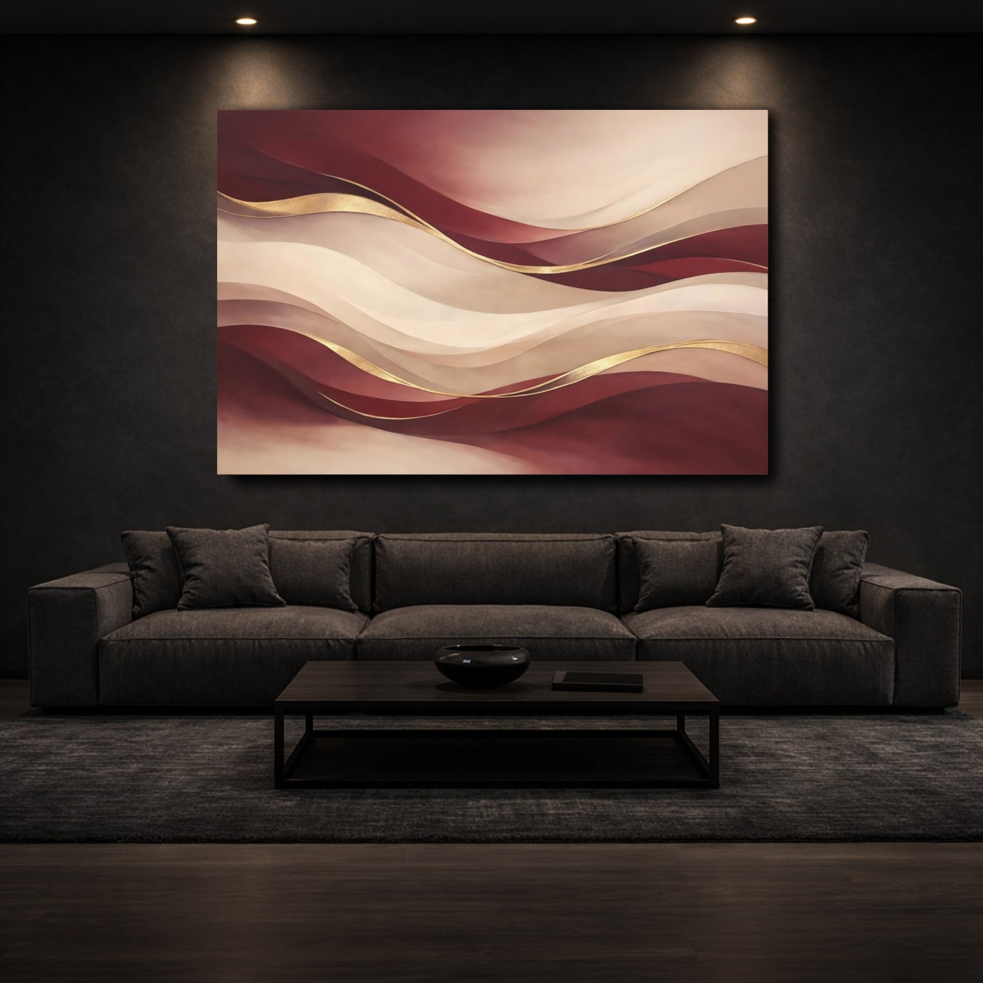 Mockup 2. Abstract Abstract Waves Burgundy Gold Abstract shown as stretched canvas wall art