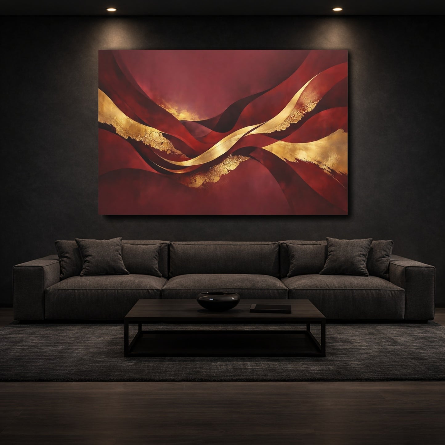 Mockup 2. Abstract Abstract Waves Burgundy Gold Abstract shown as stretched canvas wall art